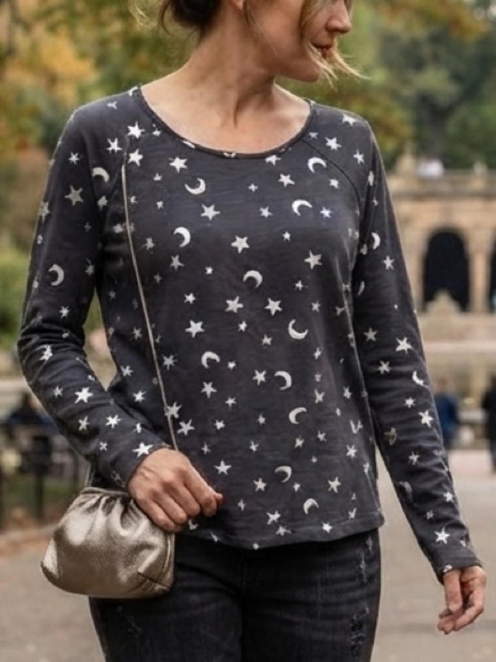 Celestial Metallic Star Moon Print Grayson Long Sleeve Top XS (like M) Grunge